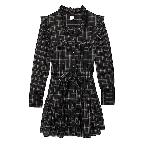 Rebecca Taylor La Vie Drapey Plaid Ruffle Long Sleeve Dress in Black Combo - Picture 2 of 16